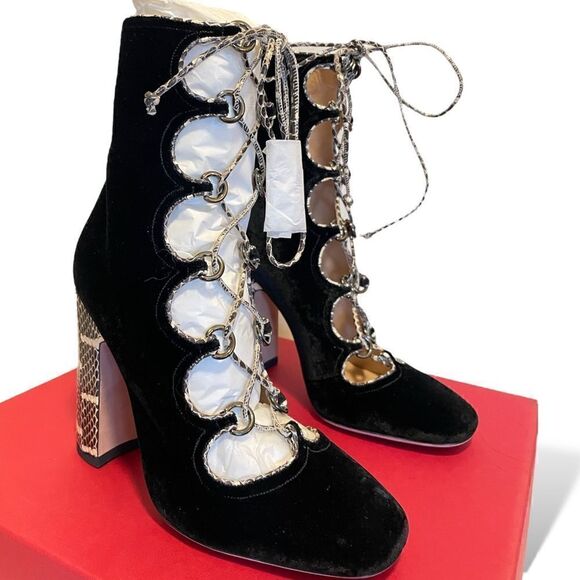 VALENTINO Black Velvet with Snake Skin Trim Lace up Ankle Booties - Picture 8 of 14